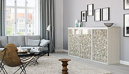 Sideboard nach Maß mit bronze-goldenem Spitzen-Dessin auf Kunstleder